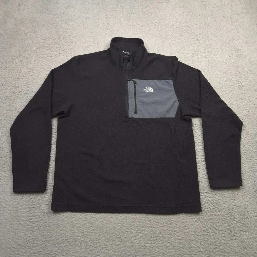 The North Face Mens Large Black Quarter Zip Fleece Pullover Gray Pocket